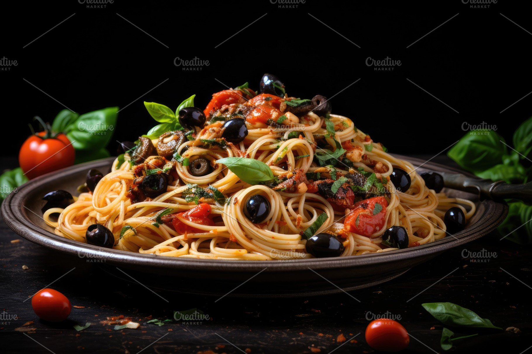 Spaghetti with tomato sauce, olives, a Photo by Iftikhar Alam