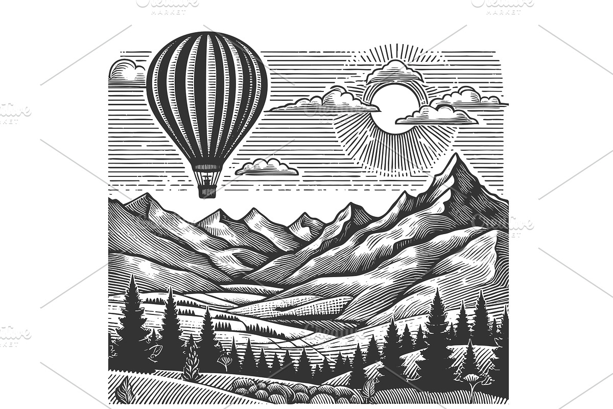 Hot Air Balloon Over Mountains, a Transportation Illustration by AlexArt