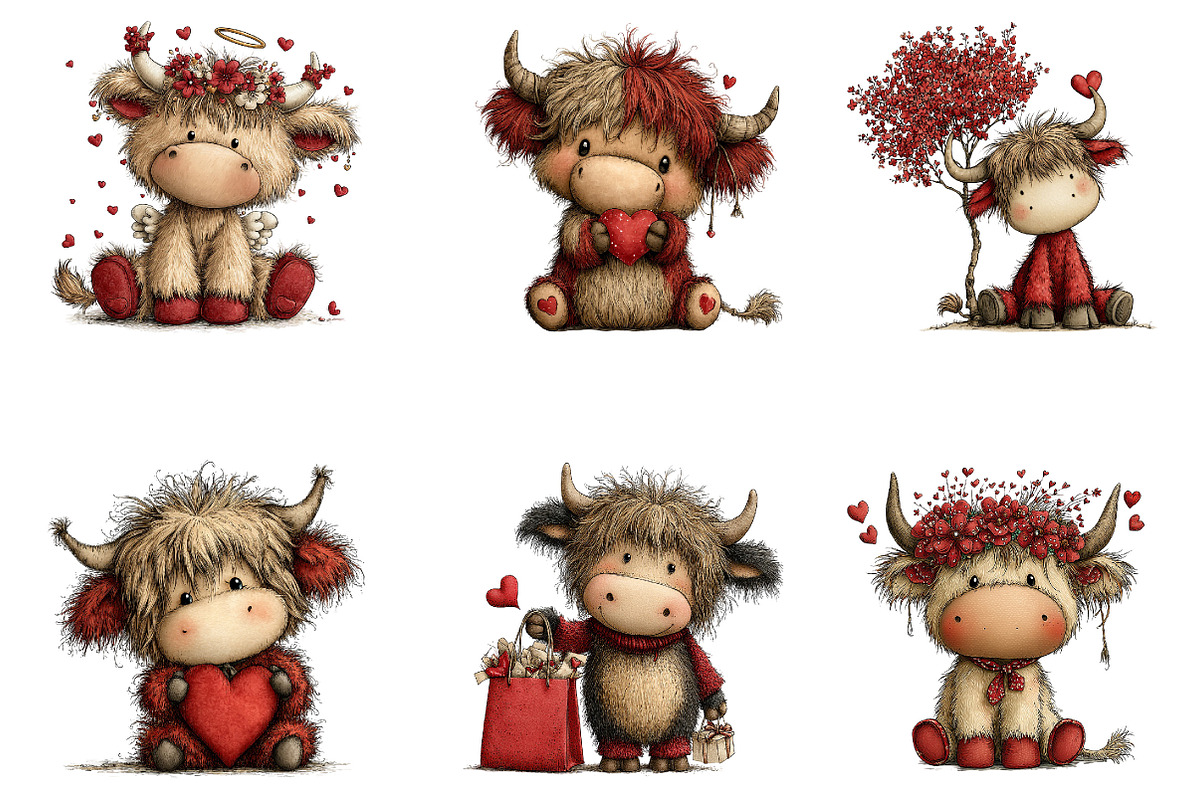 Valentines Highland Cow Clipart, an Illustration by Dream Creation (Photo 5 of 7)