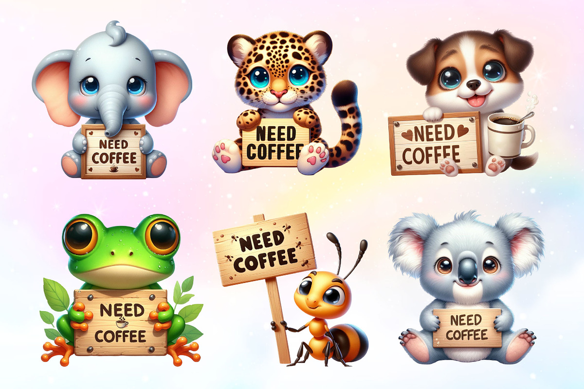 Need Coffee Animals Clipart, a Work Illustration by Dream Creation (Photo 3 of 5)