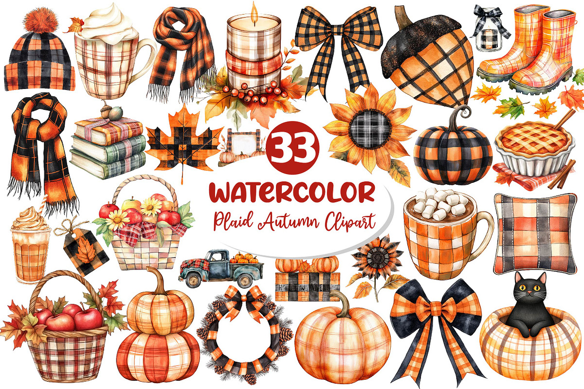 Watercolor Plaid Autumn Clipart, an Illustration by Dream Creation (Photo 1 of 4)