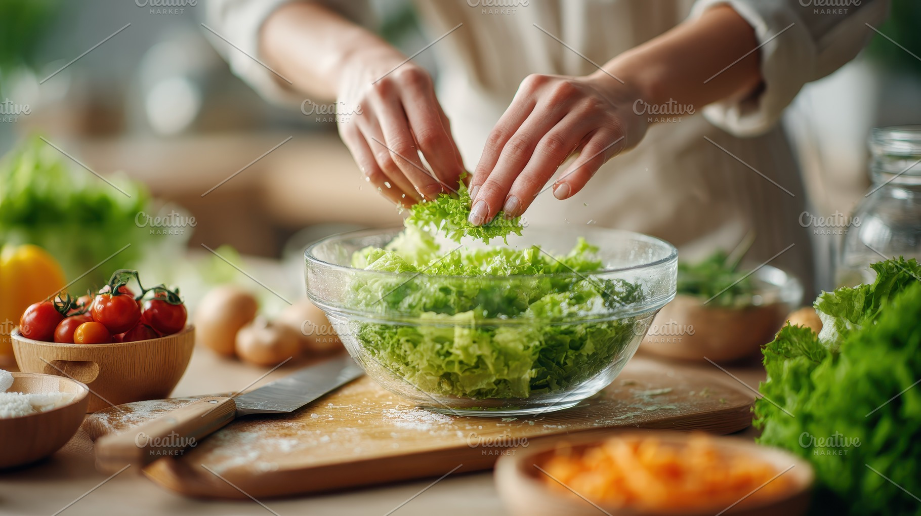 Woman preparing fresh green salad he, a Photo by Pixeness Studio