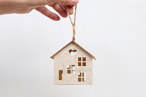 Person holding a small wooden house model on their palm against, a Business Photo by ndanko
