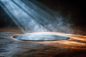 Mysterious light and steam emerge from a round opening in a dimly lit wooden ro, an Arts & Entertainment Photo by AlyaAnd