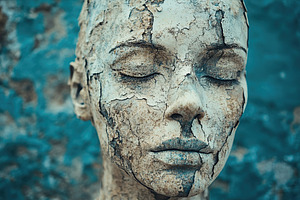 Weathered sculpture with cracked surface against a blue background, an Abstract Photo by AlyaAnd