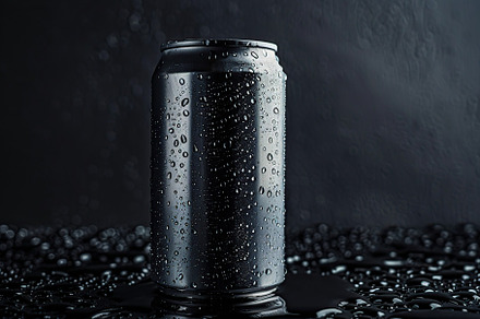Blank aluminum can with water drops on black background, a Food & Drink Photo by AlyaAnd