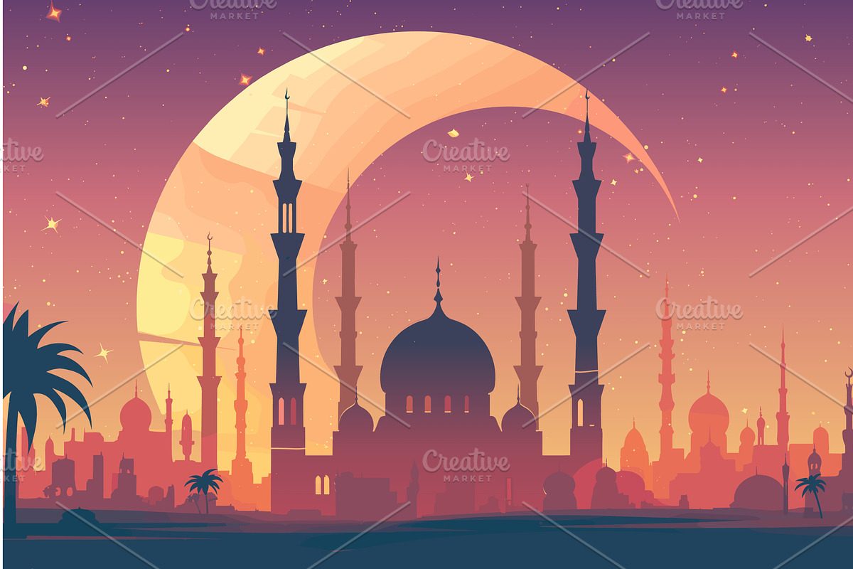 Cartoon flat mosque on the, an Illustration by LadadikArt