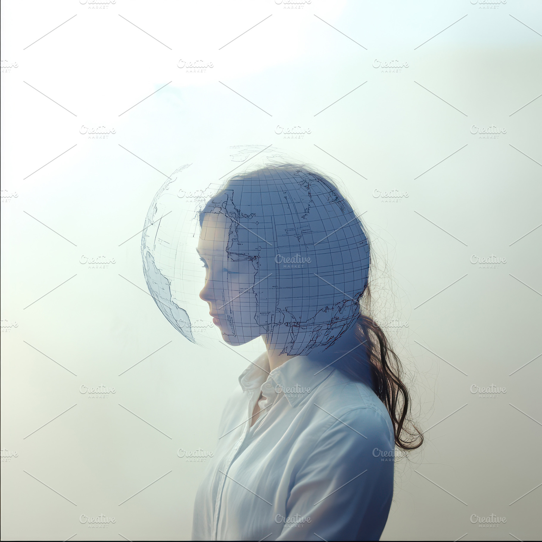 Woman with Earth Globe Head Global C, an Abstract Photo by Pixeness Studio