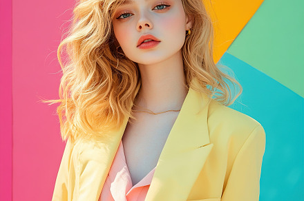 Young woman poses in a bright summer outfit against colorful bac, a Person Photo by AlyaAnd