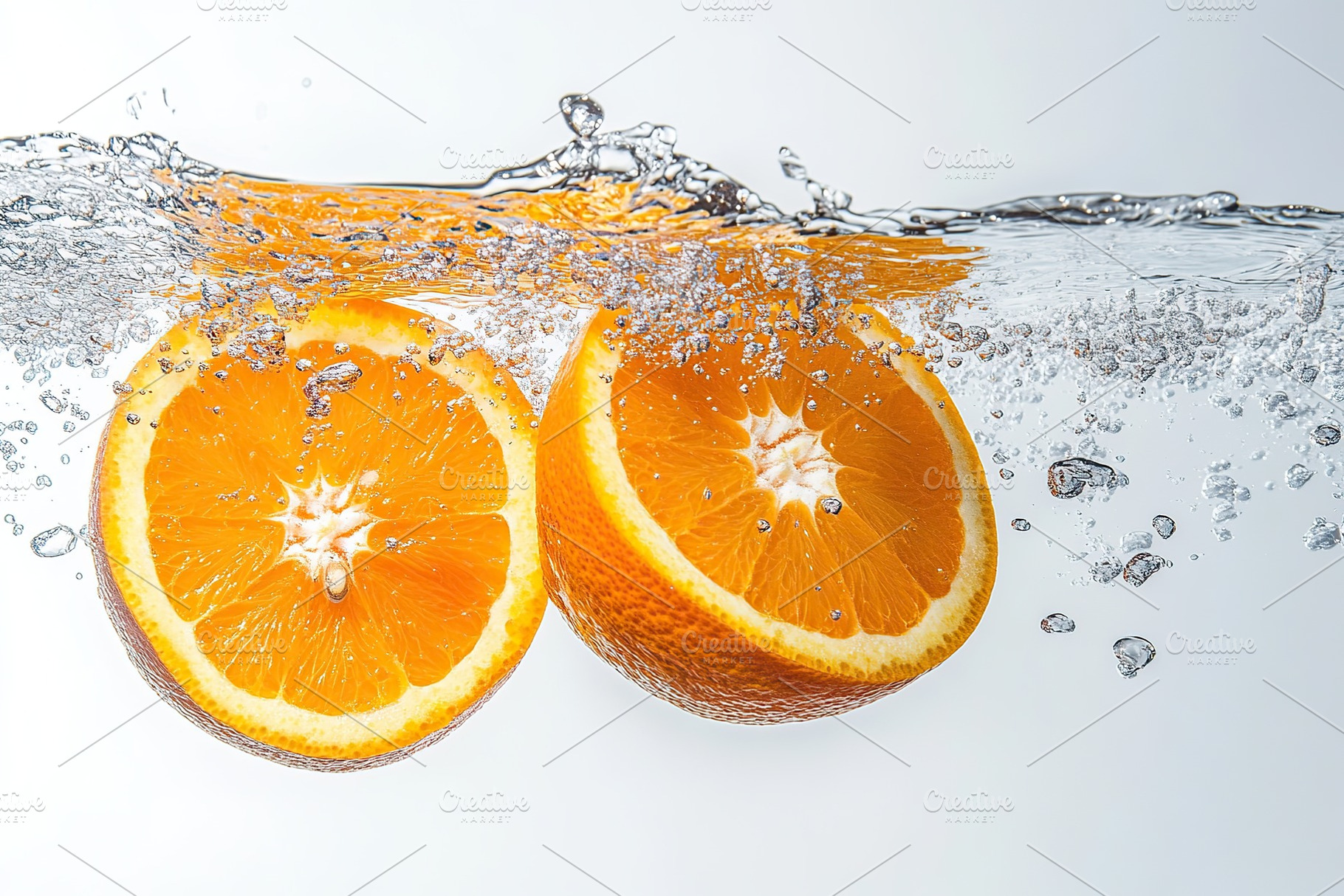Sliced orange falling into water on white background, a Photo by AlyaAnd