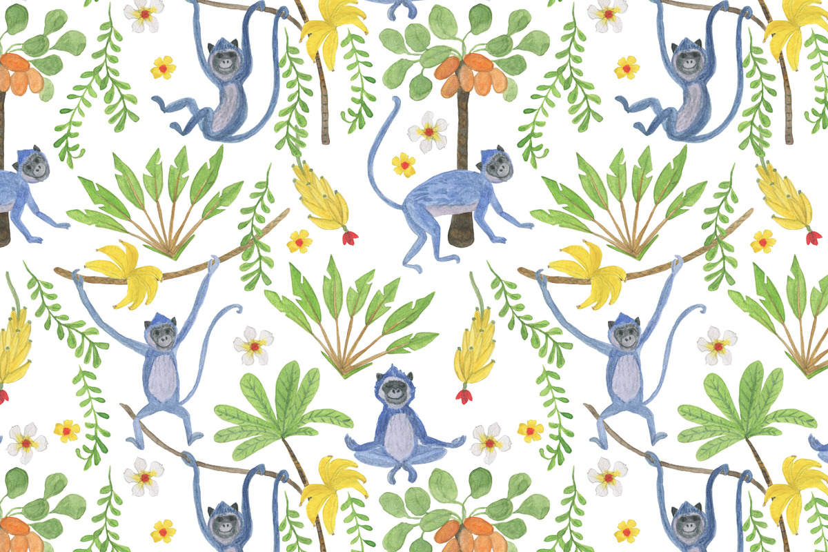 Blue monkeys - watercolor patterns, a Pattern Graphic by ramika (Photo 2 of 7)