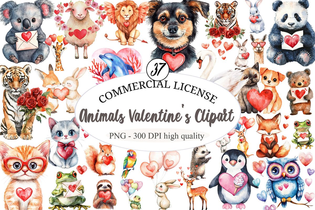 Watercolor Animals Valentine's Clipa, an Illustration by designcity5 (Photo 1 of 5)