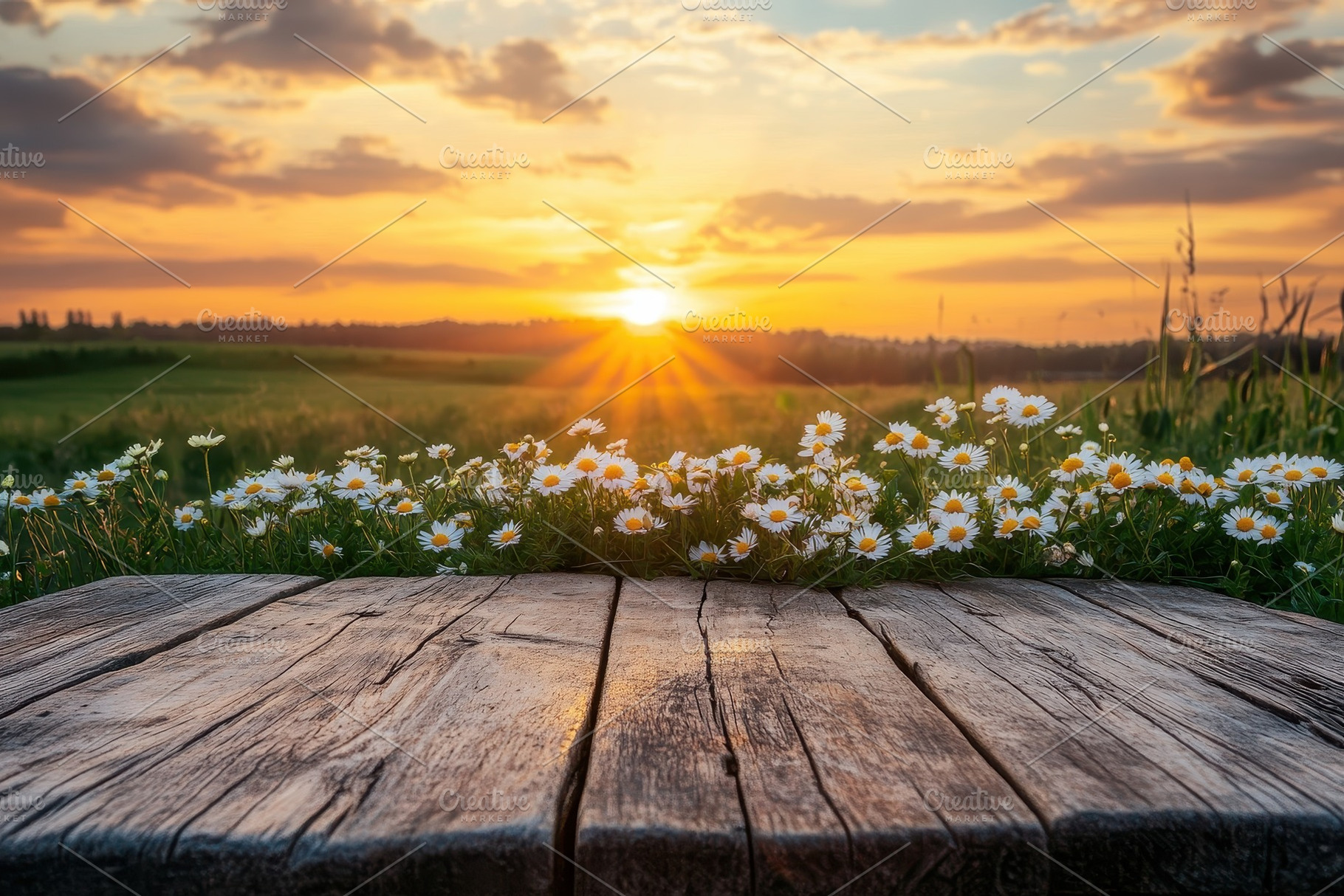 Rustic wooden table in sunset, a Photo by Pavel_design