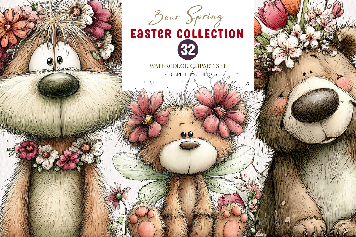 Whimsical Bear Spring Floral Clipart, an Illustration by CreationArt (Photo 1 of 5)
