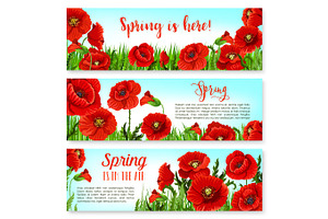 Vector Spring Time Flowers On Greeting Banners Set