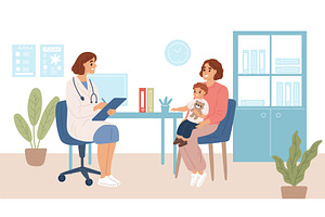 Child in pediatrics office. Mom and, a Healthcare Illustration by YummyBuum