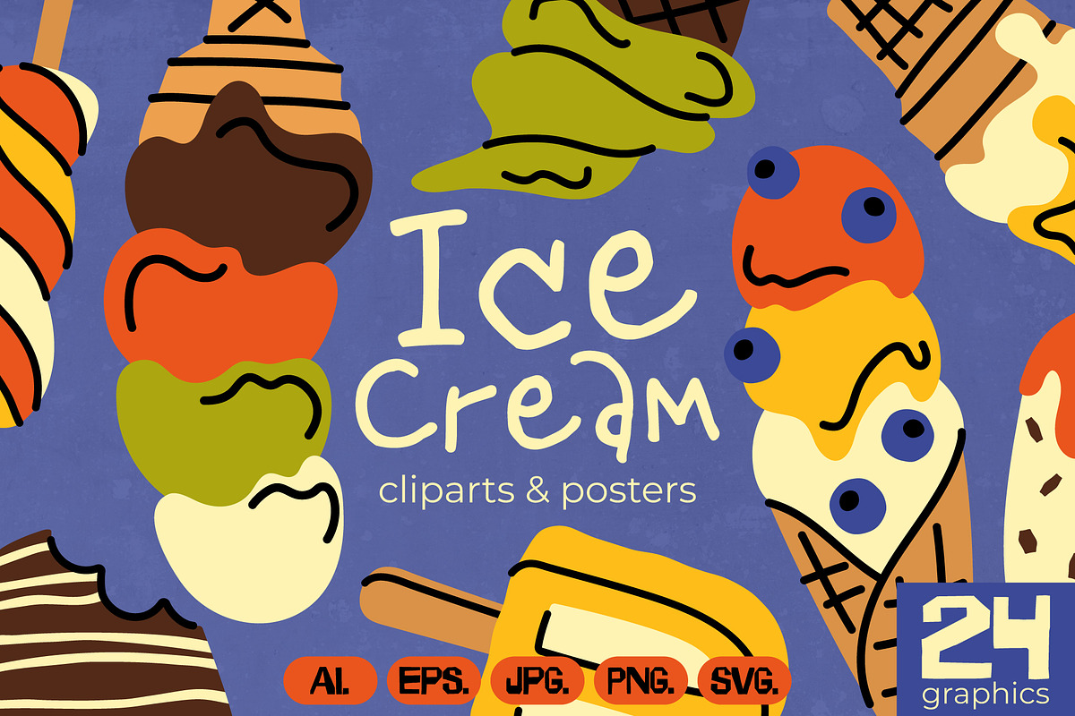Ice Cream Cliparts & Summer Posters, a Food Illustration by Panna Limon Store (Photo 1 of 9)