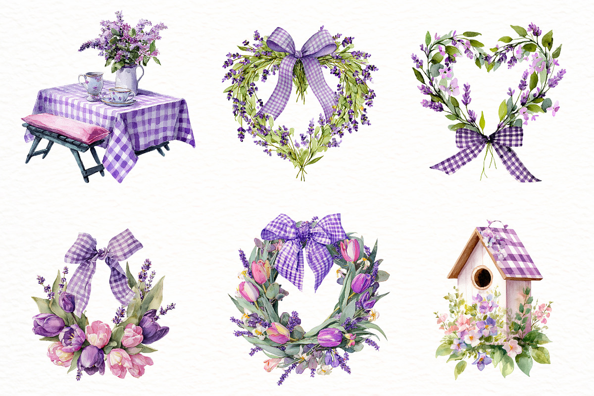 Spring Purple Gingham Clipart Bundle, an Illustration by Designworld (Photo 3 of 7)