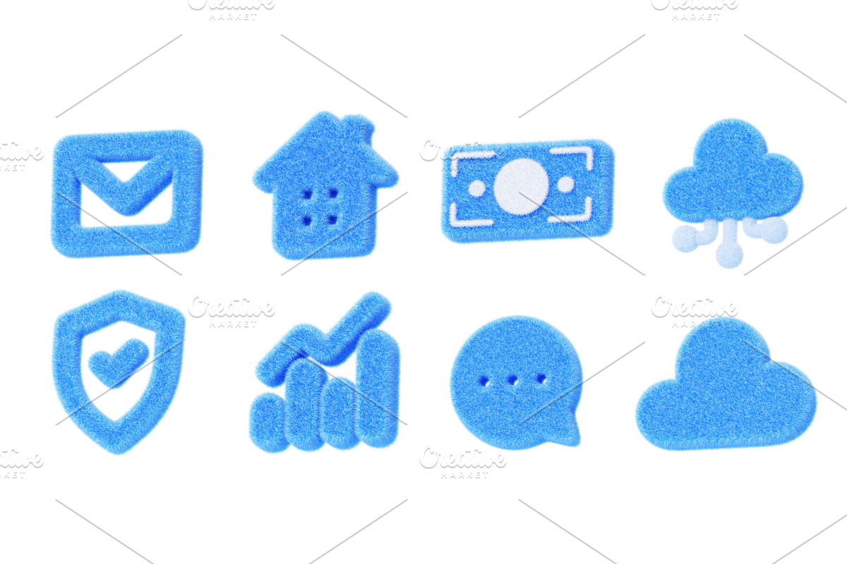 3d blue fur fluffy business icon set, a Technology Illustration by Marozhkastudio