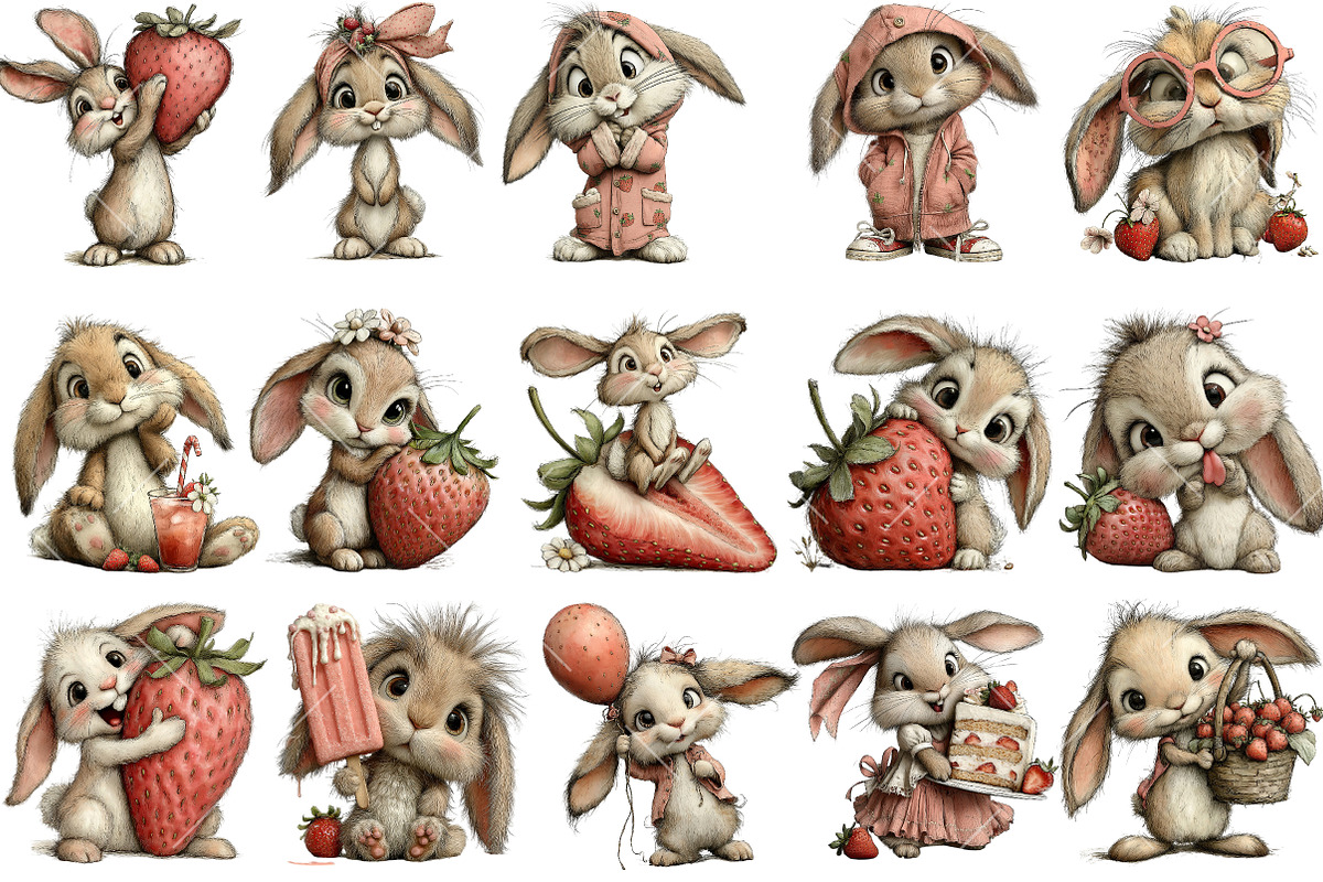 Cute Strawberry Bunny PNG Clipart, an Illustration by OK Design (Photo 2 of 6)