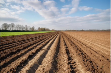 Furrows plowed field. Generate AI, a Nature Photo by Ylivdesign