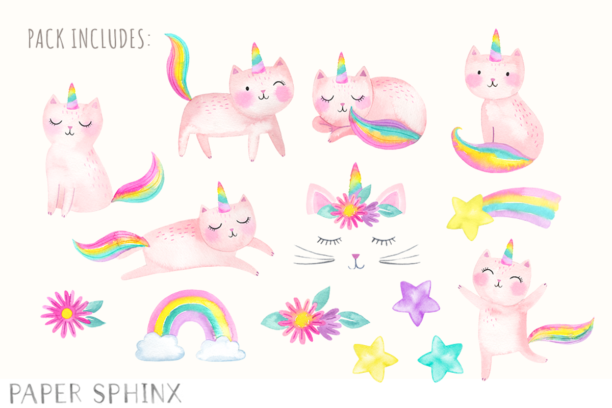 Watercolor Cat Unicorn Clipart, an Illustration by PaperSphinx (Photo 2 of 3)