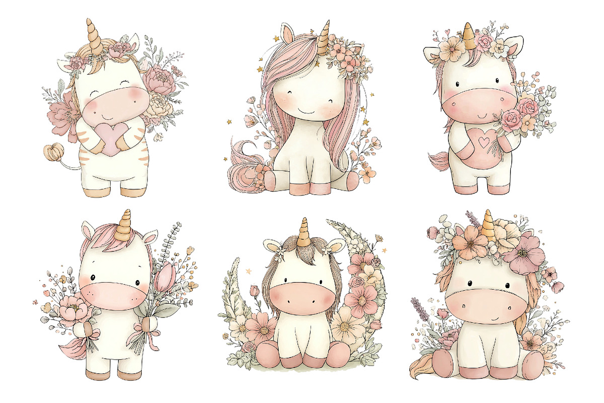 Cute Unicorn Floral Clipart, an Animal Illustration by Creative Art (Photo 5 of 7)