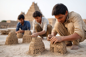 Crafting traditional sand structures along the riverside in the golden hour lig, a Person Photo by AlyaAnd
