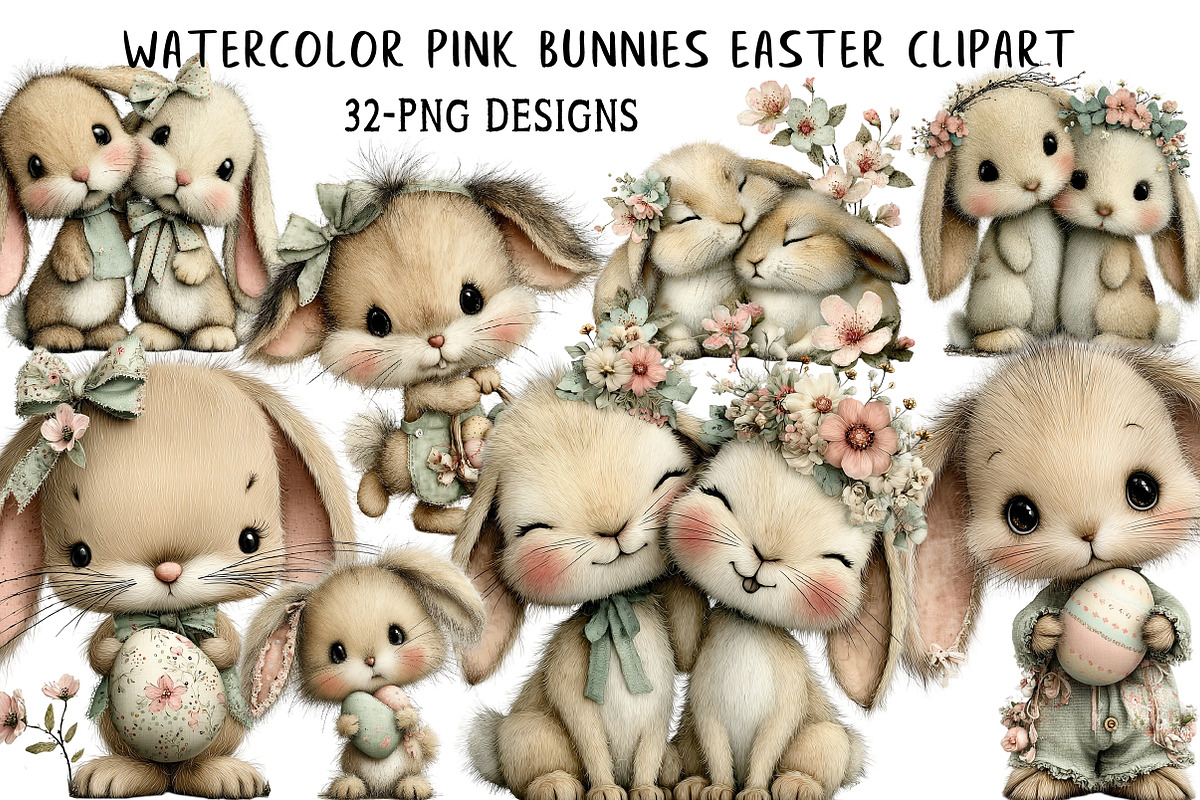 Watercolor Pink Bunnies Easter Clipa, an Illustration by Daily.Designs (Photo 1 of 8)