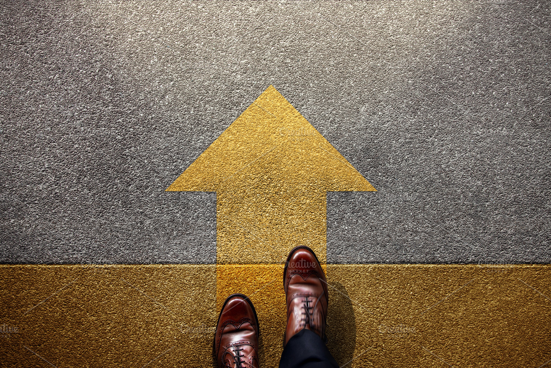 Standing at yellow Arrow on the road, Determination, direction,, a Photo by salmon.black
