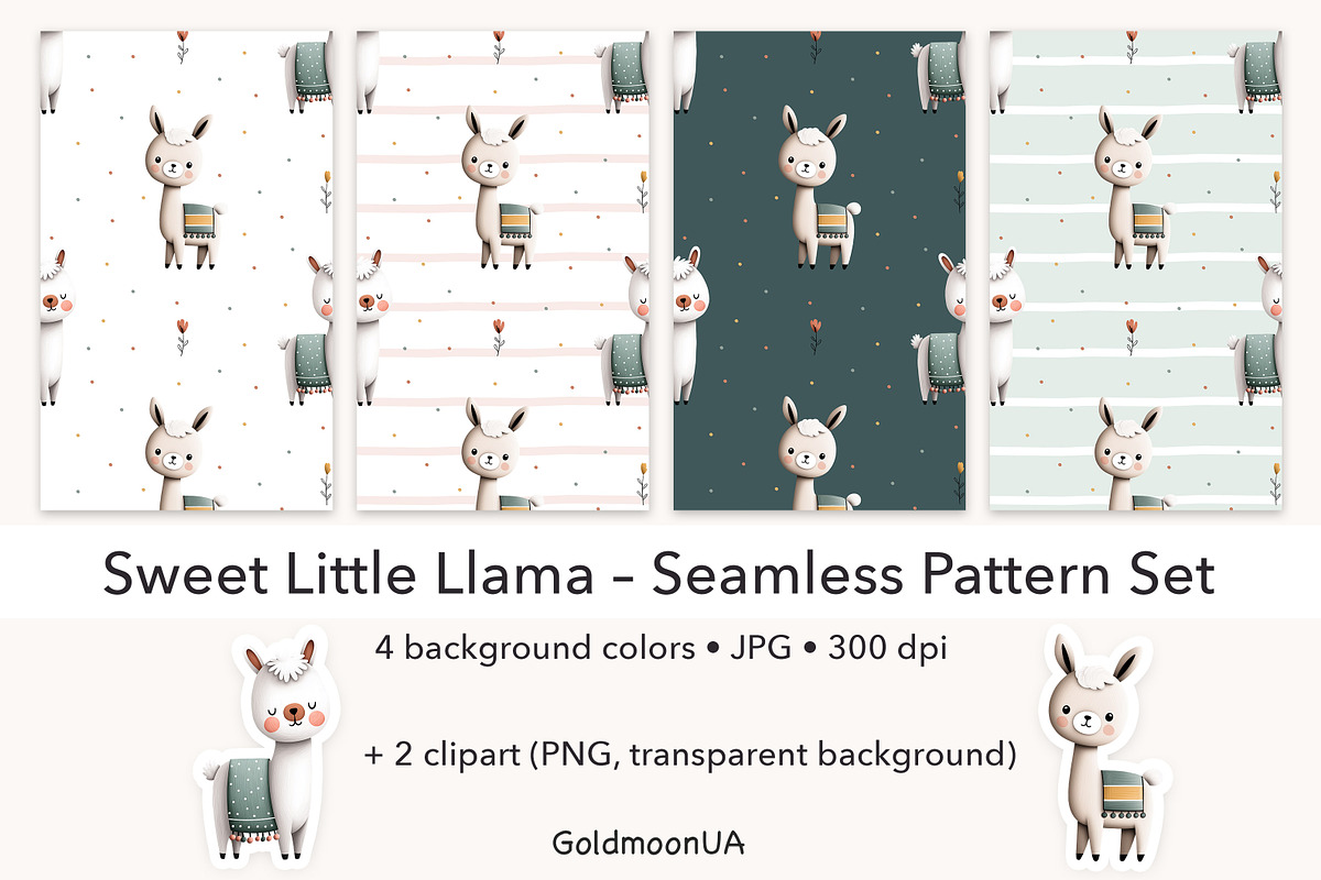 Little llama Patterns & Clipart, an Animal Illustration by GoldmoonUA (Photo 1 of 5)