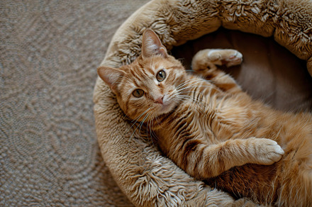 Top view of cute red cat lying on soft dog bed in home interior, an Animal Photo by AlyaAnd