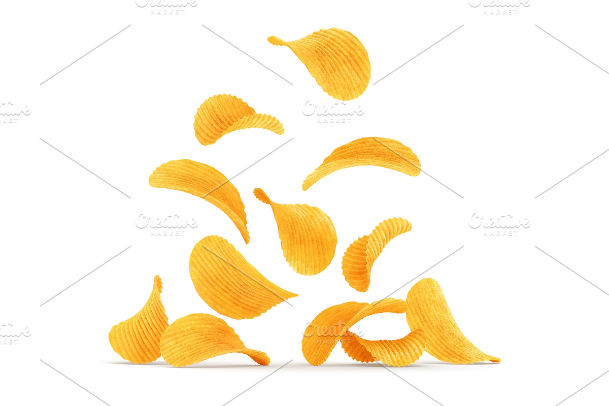 Grooved potato chips falling down., a Food Illustration by LoopAll