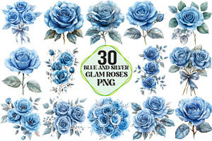 Baby Blue and Silver Glam Roses, an Illustration by Pixels.Craft