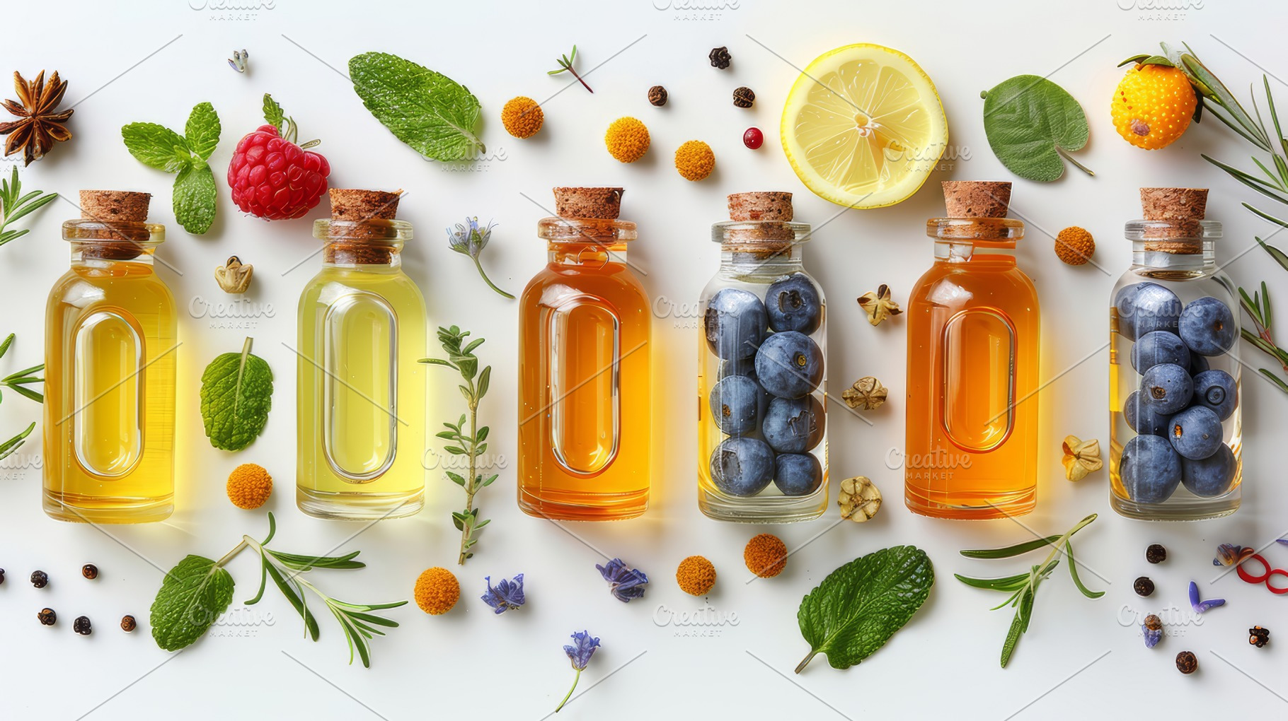 Assorted Essential Oils and Ingredients Including Fruits, Herbs, and Spices on, a Photo by AS photostudio
