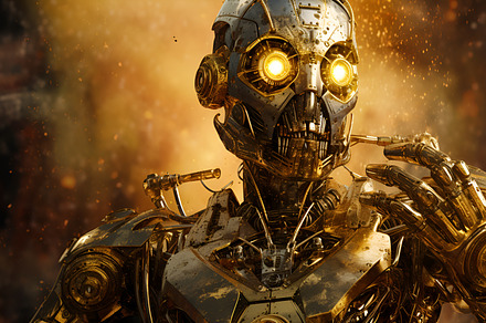 Shining steampunk robot portrait in cinematic style