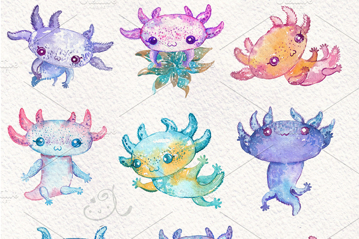 Axolotl cute and funny. Watercolor, an Illustration by JaneLane (Photo 3 of 4)