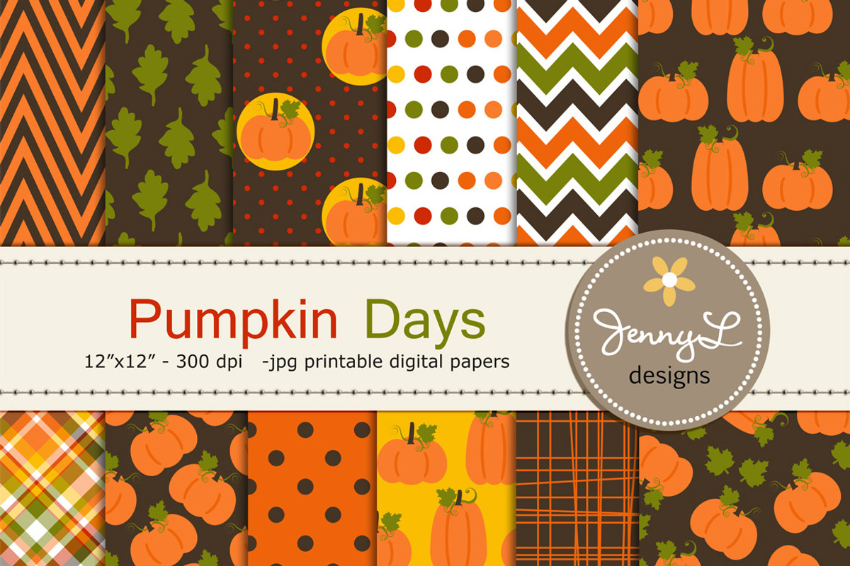 Autumn Fall Pumpkin Digital Papers, a Pattern Graphic by JennyL Designs