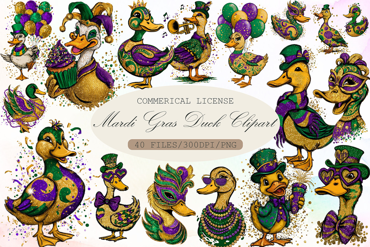 Watercolor Mardi Gras Duck Clipart, an Illustration by Sublimation Artist (Photo 1 of 6)