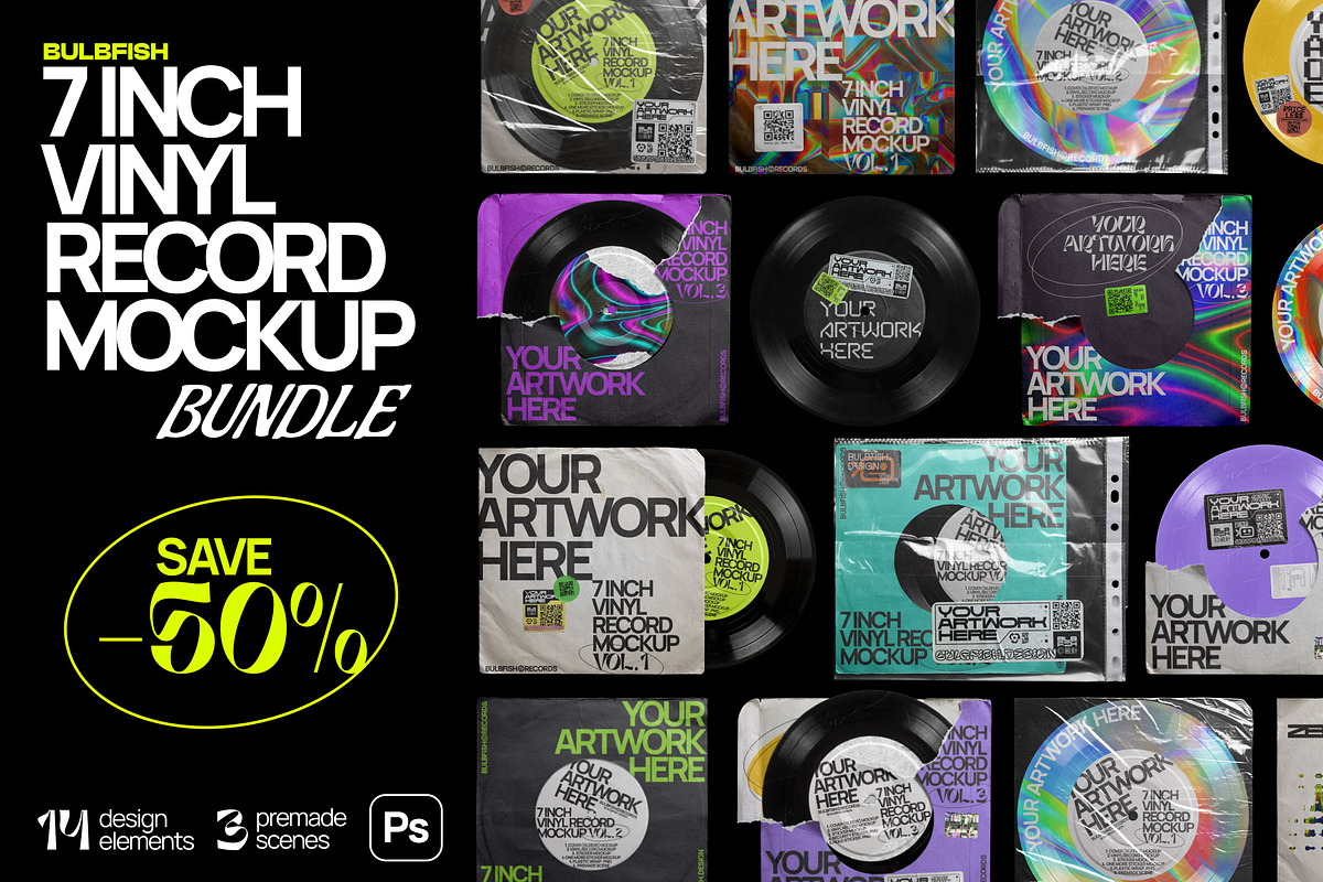 7 Inch Vinyl Record - Mockups Bundle, a Packaging Mockup by BULBFISH (Photo 1 of 16)