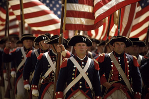 American, soldiers, War of Independence, marching, U.S. flags, b