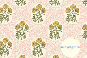 Pink and Yellow Block Print Floral, a Pattern Graphic by Mieken Petra Designs