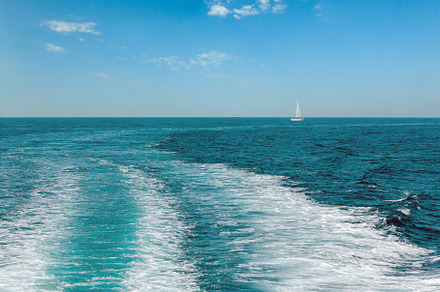 Trace on water surface in the sea and sailing vessel in far, a Nature Photo by YuriyB