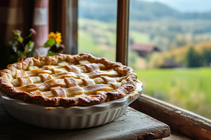 Golden, lattice-topped pie sits, a Food & Drink Photo by MistyDay