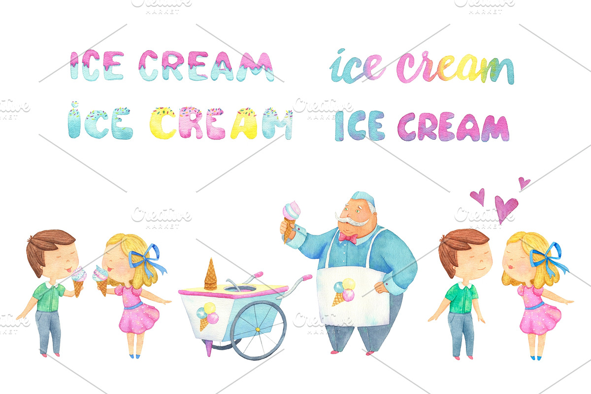 Watercolor Ice Cream clipart., a Decorative Illustration by Kattarina Po (Photo 2 of 9)
