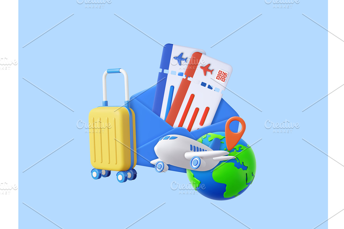 3D travel concept with tickets and, a Transportation Illustration by ModVector