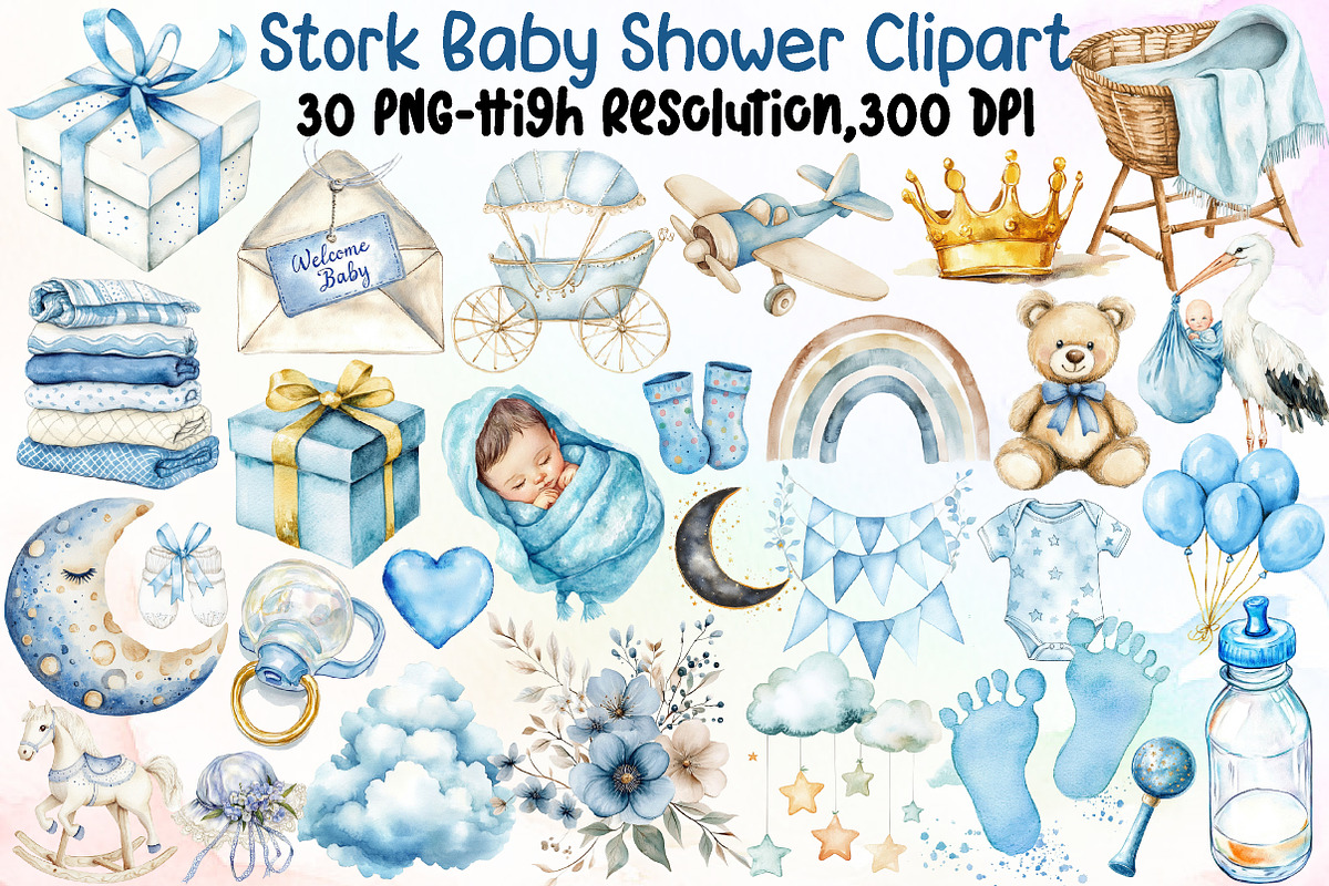 Watercolor Stork Baby Shower Clipart, an Illustration by Sublimation Artist (Photo 1 of 6)