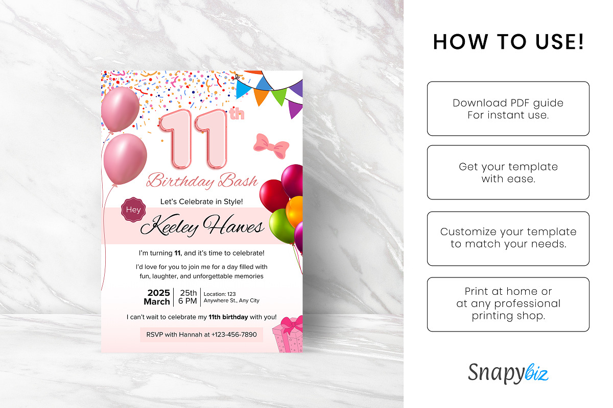 11th Birthday Invitation Card Temp, an Invitation Template by Snapybiz (Photo 6 of 9)