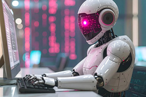 Robot typing on computer keyboard under glowing pink interface, a Technology Photo by GoodGoods