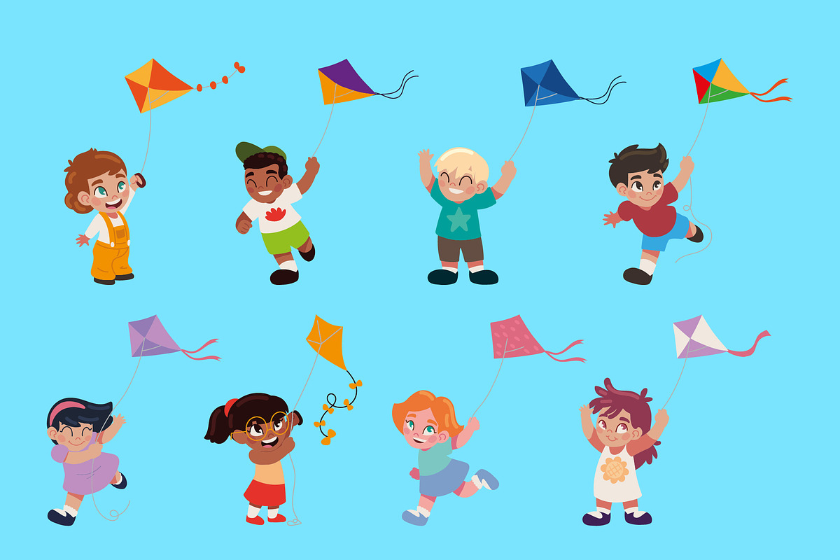 Kids Flying Kites Illustration Set